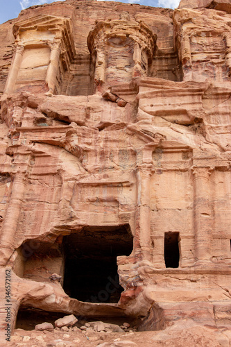 Details of the rock-cut sandstone facade of the Corinthian Tomb, Royal Tombs of Petra, Jordan