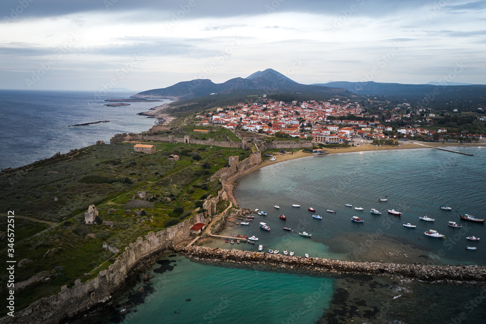Aerial view of Methoni at sunset in Peloponnese, Messenia, Greece