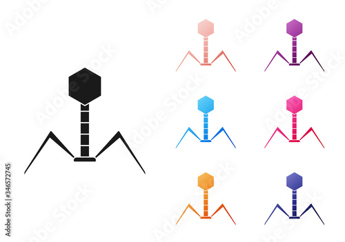 Black Bacteria bacteriophage icon isolated on white background. Bacterial infection sign. Microscopic germ cause diseases concept. Set icons colorful. Vector Illustration