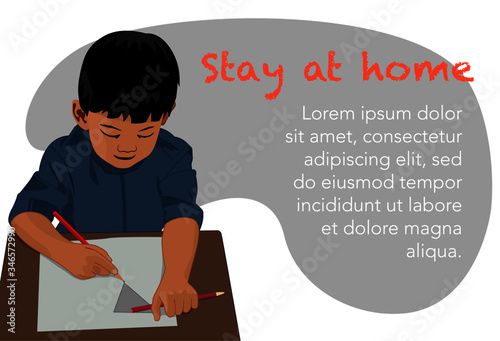 Stay at home. Kid student with pencil and book study on desk.