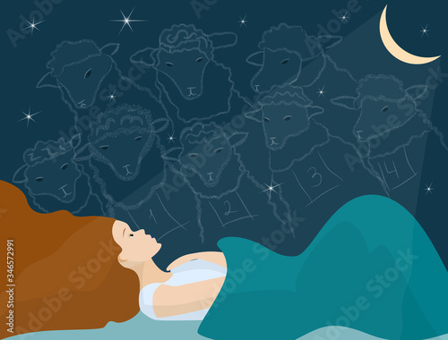 A girl with orange hair lies in bed and cannot fall asleep. Insomnia, count sheep, moonlight. Night sky and stars. Vector in a flat style. The problem of sleep disturbance in people.