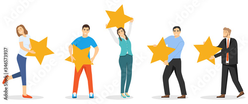 Rating five stars. People hold stars rating. Rating. Vector illustration.