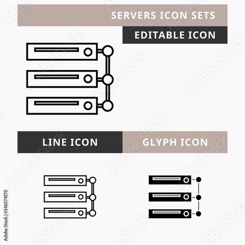 Servers icons set vector design, modern editable line and glyph icon, black color and isolated