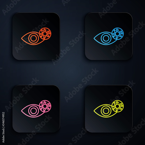 Color neon line Reddish eye due to virus, bacterial or allergic conjunctivitis icon isolated on black background. Set icons in square buttons. Vector Illustration