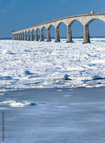 The Confederation Bridge in winter linking Prince Edward Island and mainland New Brunswick, Canada. Viewed form the Borden, Prince Edward Island. © V. J. Matthew