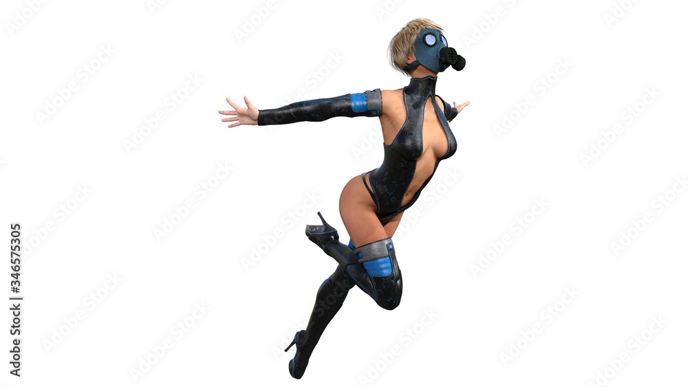 One girl in a futuristic light blue-black suit. She poses pretending she is flying. White background