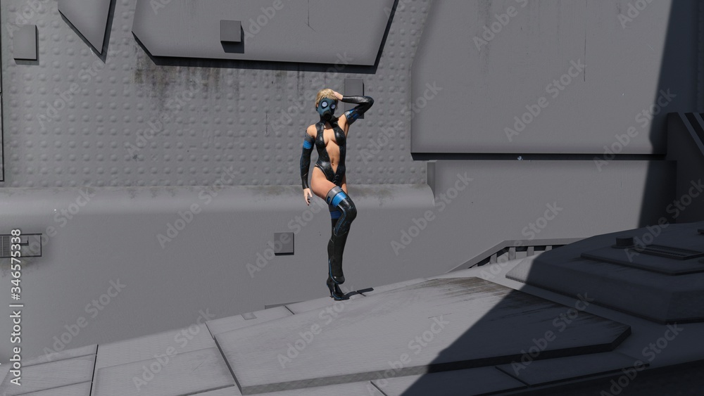 One girl in a futuristic suit in gas mask. She is posing while standing against the background of a spaceship One girl in a futuristic suit in gas mask. She is posing while standing against the background of a spaceship