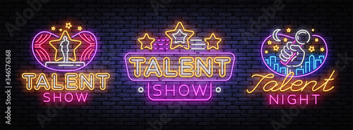 Talent Show set neon sign vector design template. Talent Night neon signs, light banner design element colorful modern design trend, night bright advertising, bright sign. Vector illustration