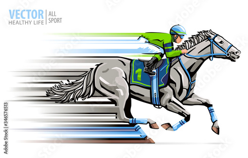 Jockey on racing white horse. Sport. Champion. Hippodrome. Racetrack. Equestrian. Derby. Isolated on white background. Vector illustration