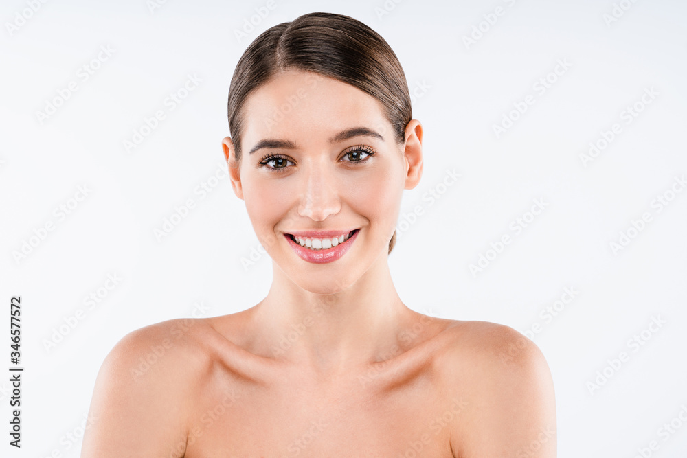 Portrait of beautiful woman on white background
