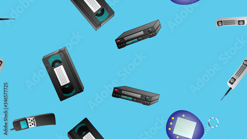 Seamless pattern of retro old hipster electronic devices technology computers cassettes tape recorders mobile phones from the 70s, 80s, 90s, 2000s on a blue background