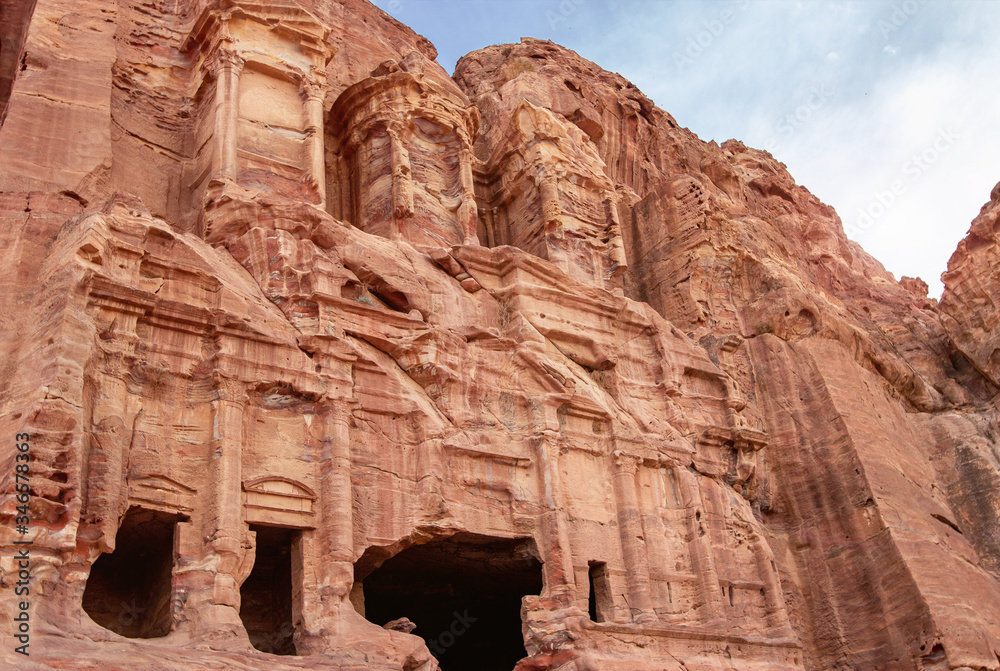 The rock-cut sandstone facade of the Corinthian Tomb, Royal Tombs of Petra, Jordan
