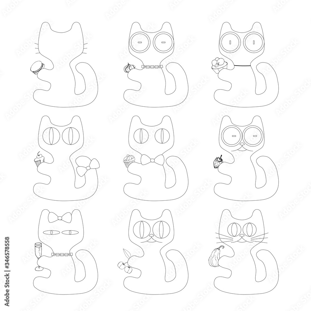 Cute cat with food doodle series, avatars, sketch line style icons. Flat animals, logo, cats set. Pets character cats handmade to print cat T-shirts. Vector illustration cats