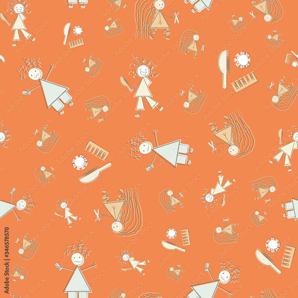 Messy hair vector seamless pattern background. Funny infographic Covid 19 quarantine orange backdrop sketch with stick women, scissors brush. Monochrome all over print for isolation self care concept. Messy hair vector seamless pattern background. Funny infographic Covid 19 quarantine orange backdrop sketch with stick women, scissors brush. Monochrome all over print for isolation self care concept.