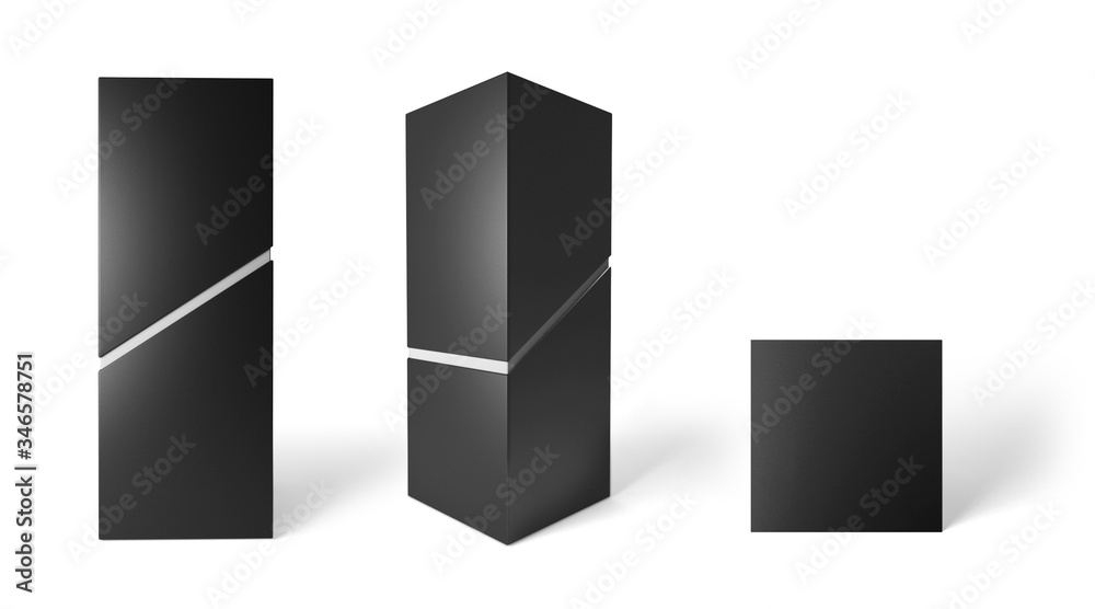 Black tall box with a diagonal slot in different angles. 3D render. Mockup. Black tall box with a diagonal slot in different angles. 3D render. Mockup.