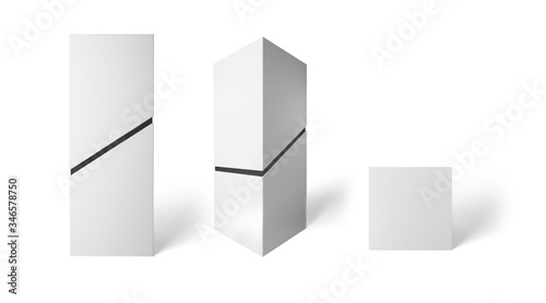 White tall box with a diagonal slot in different angles. 3D render. Mockup.