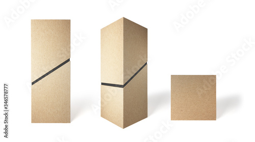 Cardboard tall box with a diagonal slot in different angles. 3D render. Mockup.