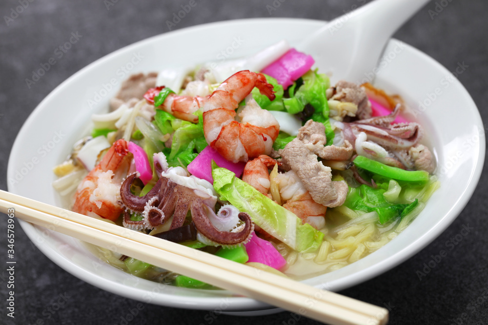 Nagasaki champon noodle soup, Japanese ramen dish Nagasaki champon noodle soup, Japanese ramen dish