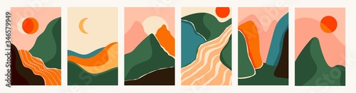 Mountain, river view. Hills, clouds, sun, moon. Paper cut style. Flat abstract design. Scandinavian style illustration. Set of six hand drawn trendy Vector illustrations. Cool Backgrounds