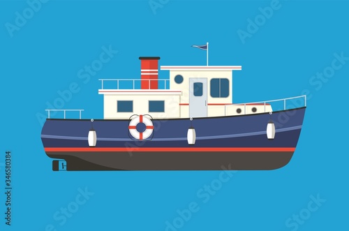 Vintage tugboat flat vector illustration. Motor boat for sailing, fishing, trawling, cruising. photo
