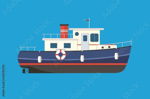 Vintage tugboat flat vector illustration. Motor boat for sailing, fishing, trawling, cruising.