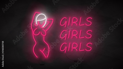Striptease club neon symbol. Neon silhouette of naked girl. Bright label with woman body. Strip bar concept icon isolated on dark concrete wall. Vector illustration. Adult show.