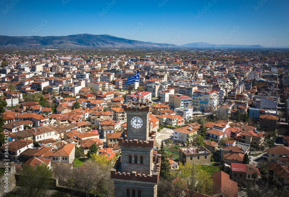 Medieval tower with a clock. Trikala Fortress, Central Greece.