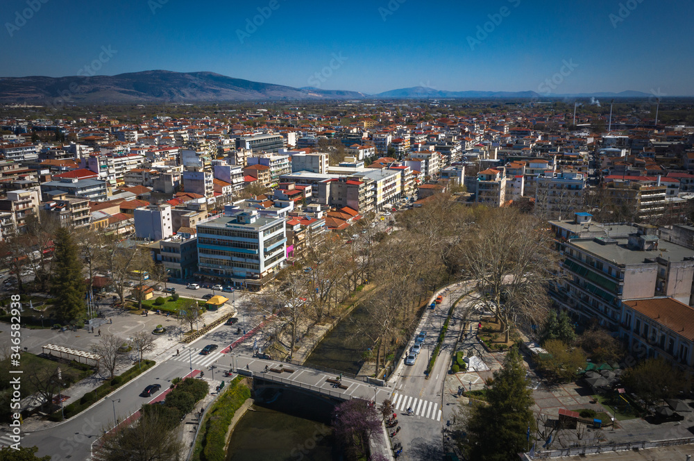 Panoramic view of Trikala city. Its a city in northwestern Thessaly, Greece, and the capital of the Trikala region.