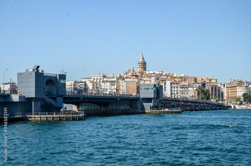 Picturesque landscape view of Galata Tower, Karakoy district and Galata Bridge over the Golden Horn in Istanbul, Turkey