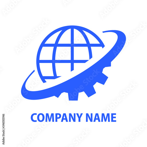 Globe, cogwheel and orbit logotype. Business company, industrial corporation logo design element. Worl mechanical assosiation symbol.