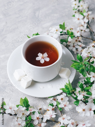 A Cup of fragrant tea on a white table with branches of blooming white cherries. Springtime