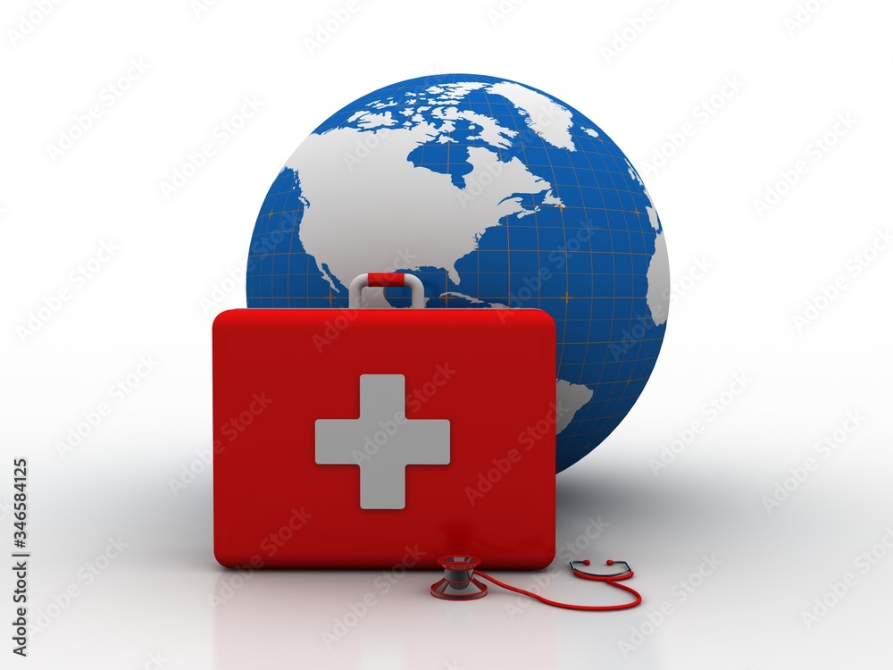 3d rendering First aid kit with stethoscope 3d rendering First aid kit with stethoscope