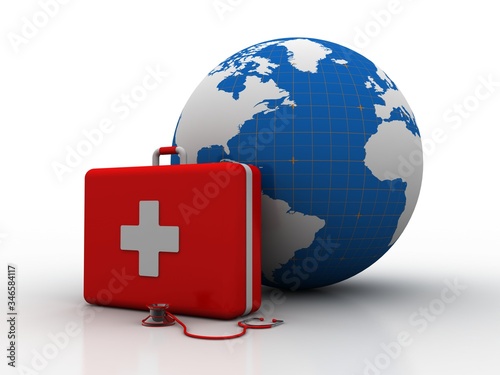 3d rendering First aid kit with stethoscope