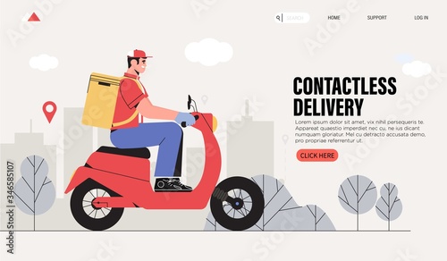 Online contactless delivery service for commercial and private interests web banner, landing page. Courier on scooter with thermal bag delivering food or fastfood to client. Package delivery tracking.