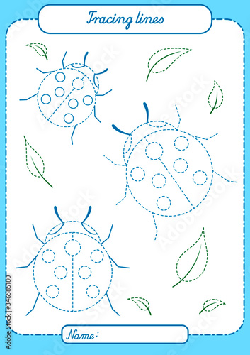Ladybirds. Preschool worksheet for practicing fine motor skills - tracing dashed lines. Working pages for kids. Vector outline. A4 paper ready to print.