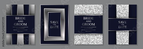 Set of modern geometric luxury wedding invitation design or card templates for business or presentation or greeting with silver glitter stripes on a navy blue background.