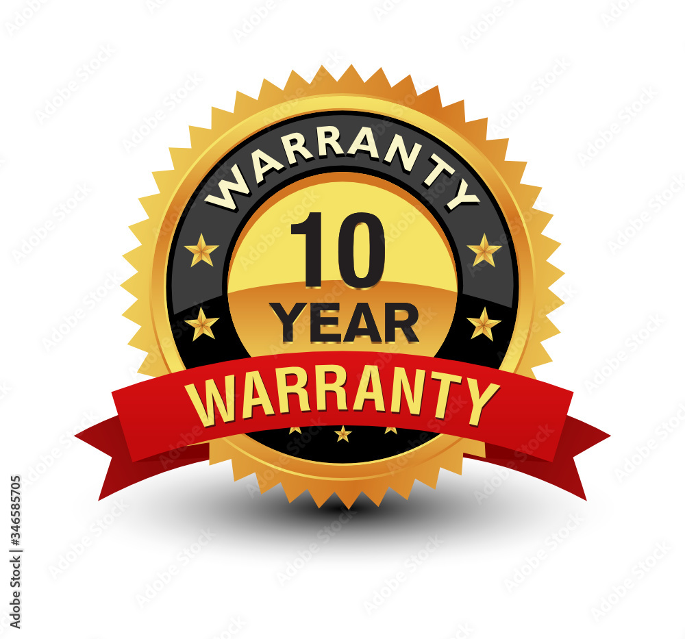 Golden color powerful 10 year warranty badge, seal, sign, label with red ribbon isolated on