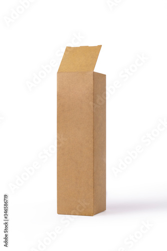 Open Cardboard Box isolated on a White Background. Mock up Package Design. Elongated Craft Cardboard Pack with an Open Lid. Stock Photo, Side View.