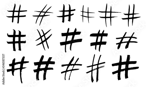 Hand drawn hashtag collection. Black grunge communication sign. 