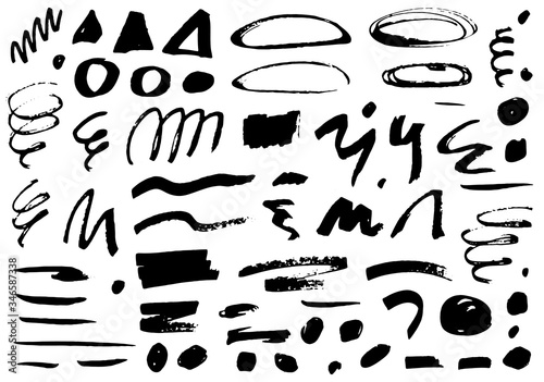 Abstract hand drawn vector elements set. Sketch style black ink wavy lines, circles, dots and grunge swirls