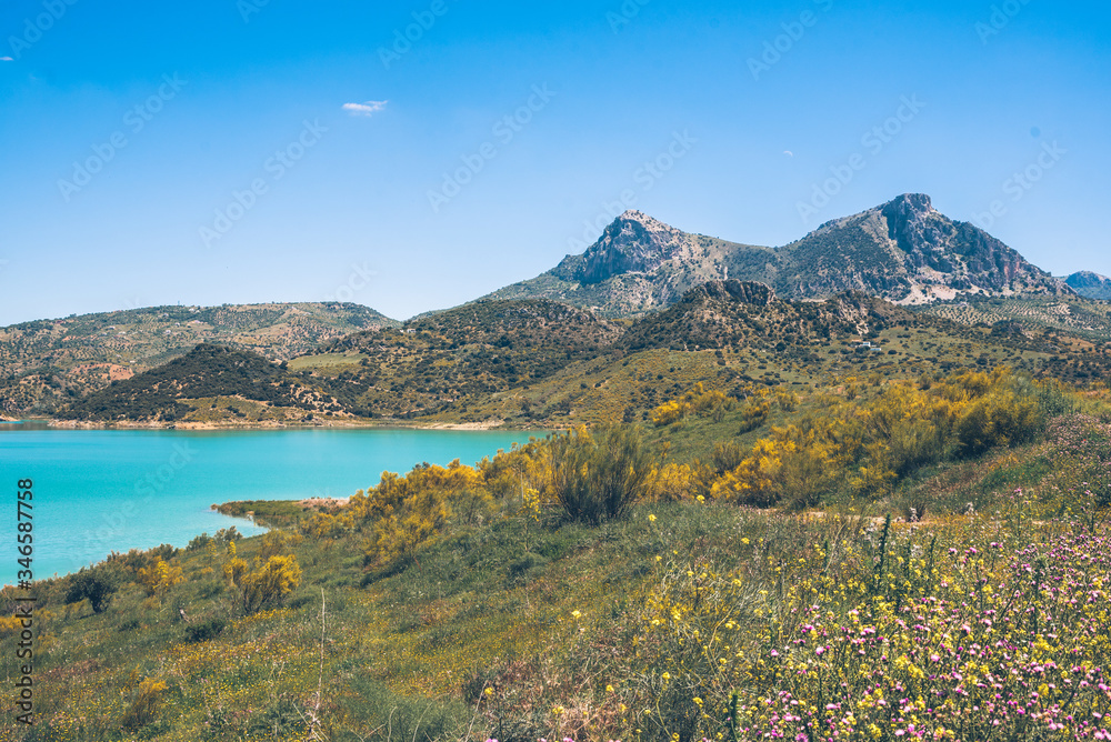 Reservoir of Zahara de la Sierra in spring, Cadiz, Andalusia, Spain