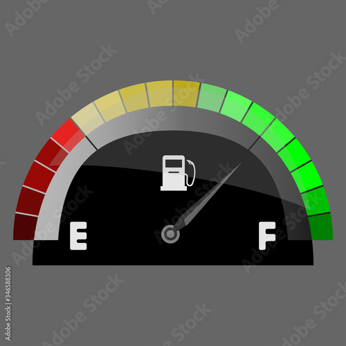 Realistic fuel indicator, gas meter. Fuel sensor. Car dashboard. Vector illustration on white background. Gas gauage icon. Vector photo