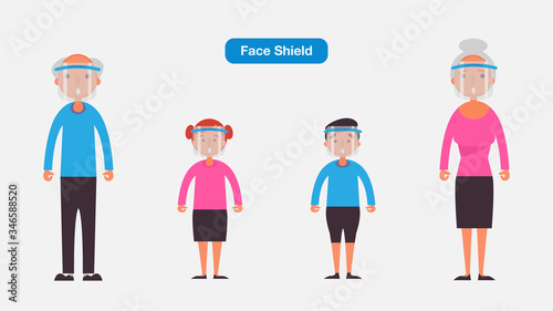Old people and children wear Medical face mask or shield.Coronavirus quarantine concept.Character Vector illustration. 