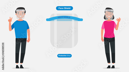 Young men and women wear Medical face mask or shield.Coronavirus quarantine concept.Character Vector illustration.