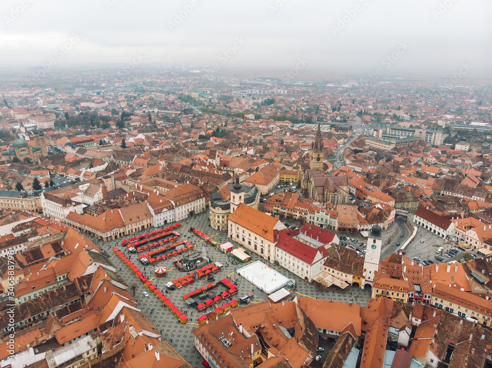 Aerial view of Christmas market in medieval city of east europe Sibiu, Romania