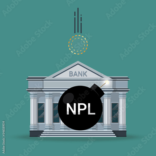 NPL text (abbreviation of Non Performing Loan) on the black bomb with a wick in front of bank building while the empty coin is falling. Vector illustration bankruptcy crisis concept