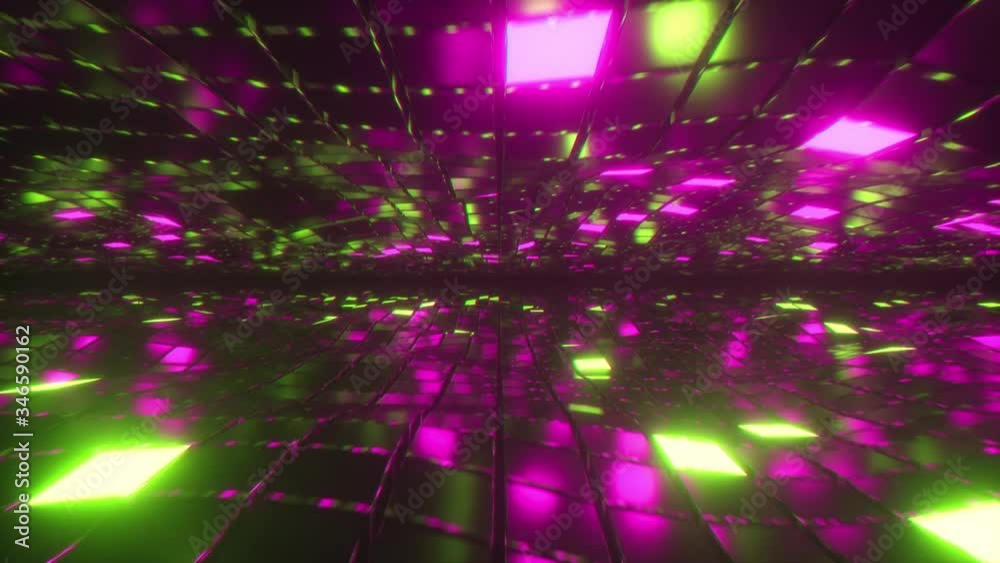 Abstract seamless looped animation of flying in endless space of neon and metal cubes. Modern yellow purple color spectrum of light. VJ loop.