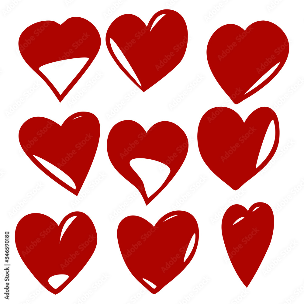 Red heart icons set isolated on white background. Modern collection of different red hearts for love logo, wedding and Valentine's day. Creative art concept. Vector