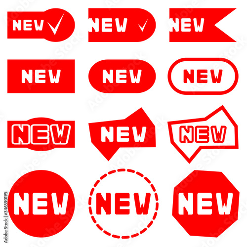 New sticker set. Red promotion labels for new arrivals shop section. Badges with word new. Flat style. Vector