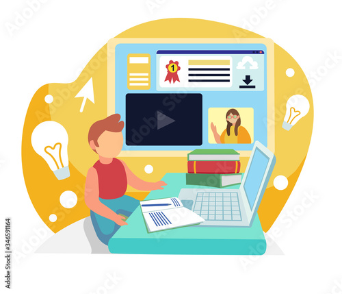 Vector illustration in flat style about online learning from home. 
A little student is sitting at a laptop and studying online at school. Banner about kids on the internet. 
